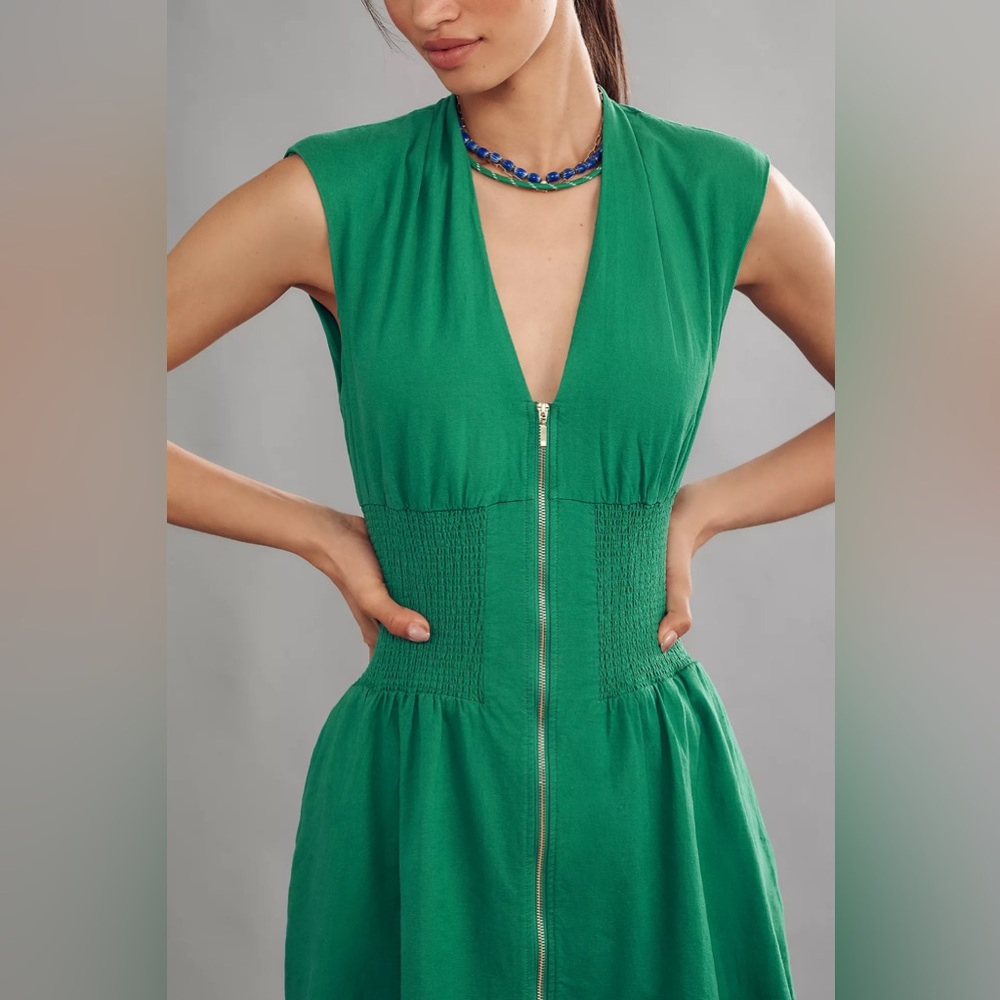 Anthropologie Green Mini Dress with Zipper Detail